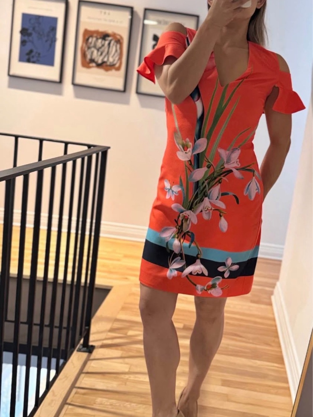 Ted Baker Floral Cold-Shoulder Sheath Dress in Vibrant Coral